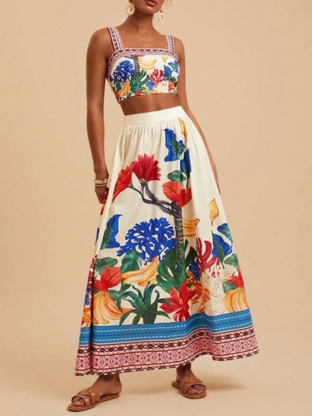 Boho Floral Paisleys Print Cami Tank Top Skirt Set